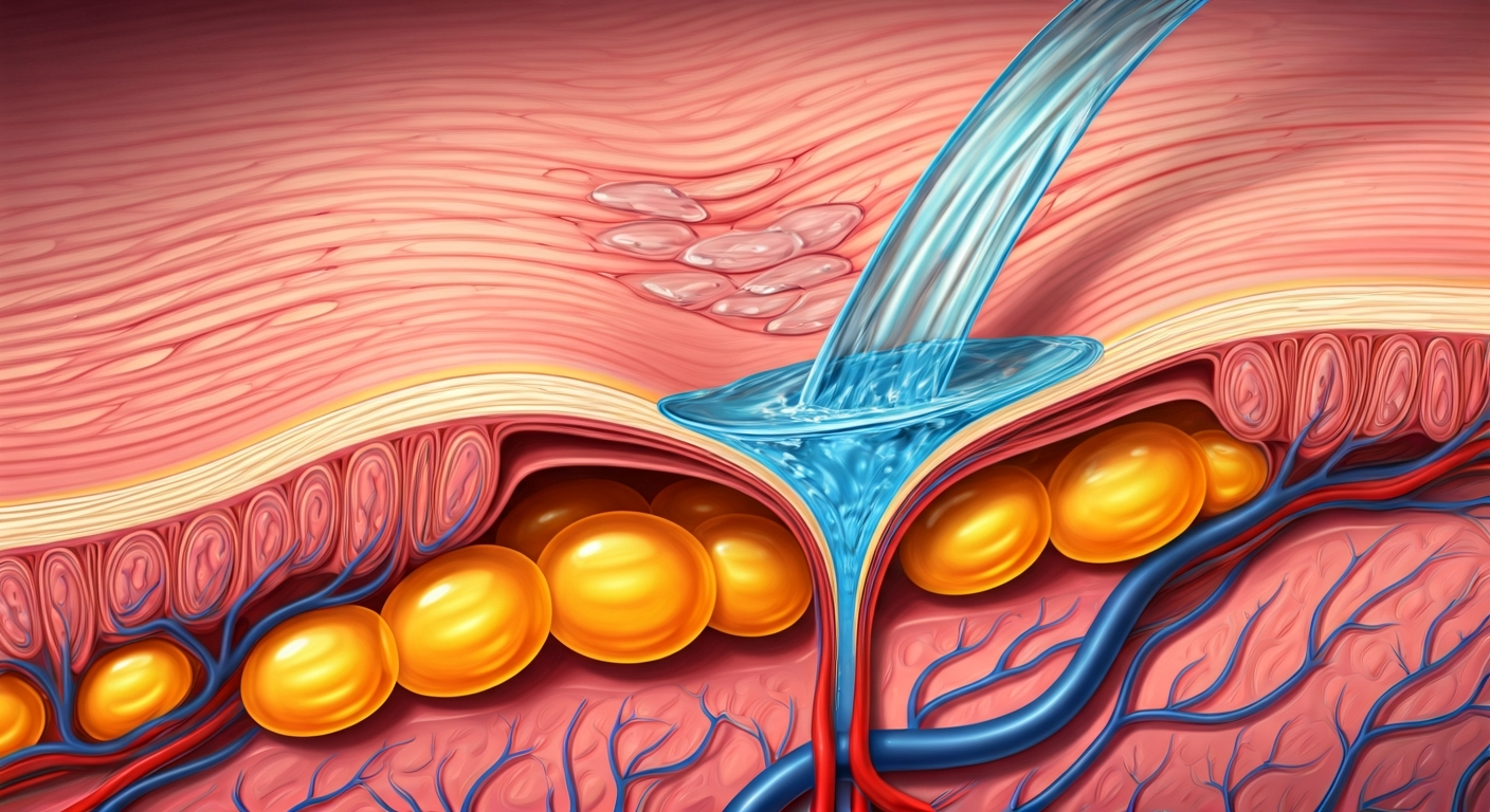 Body-jet liposukce | Šetrné tvarování postavy | Slim Studio Olomouc 2 An abstract, medical or scientific diagram-style illustration showing a gentle stream of water safely separating yellow fat cells from connective tissue and blood vessels, emphasizing safety and low trauma.